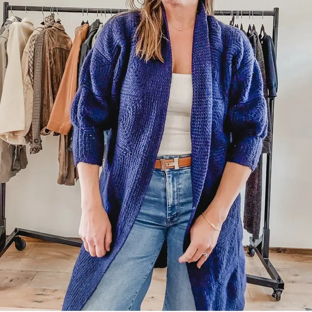 Vintage Crochet Sweater Granny Boho Duster Women's XS- M Navy Knit - Picture 4 of 7